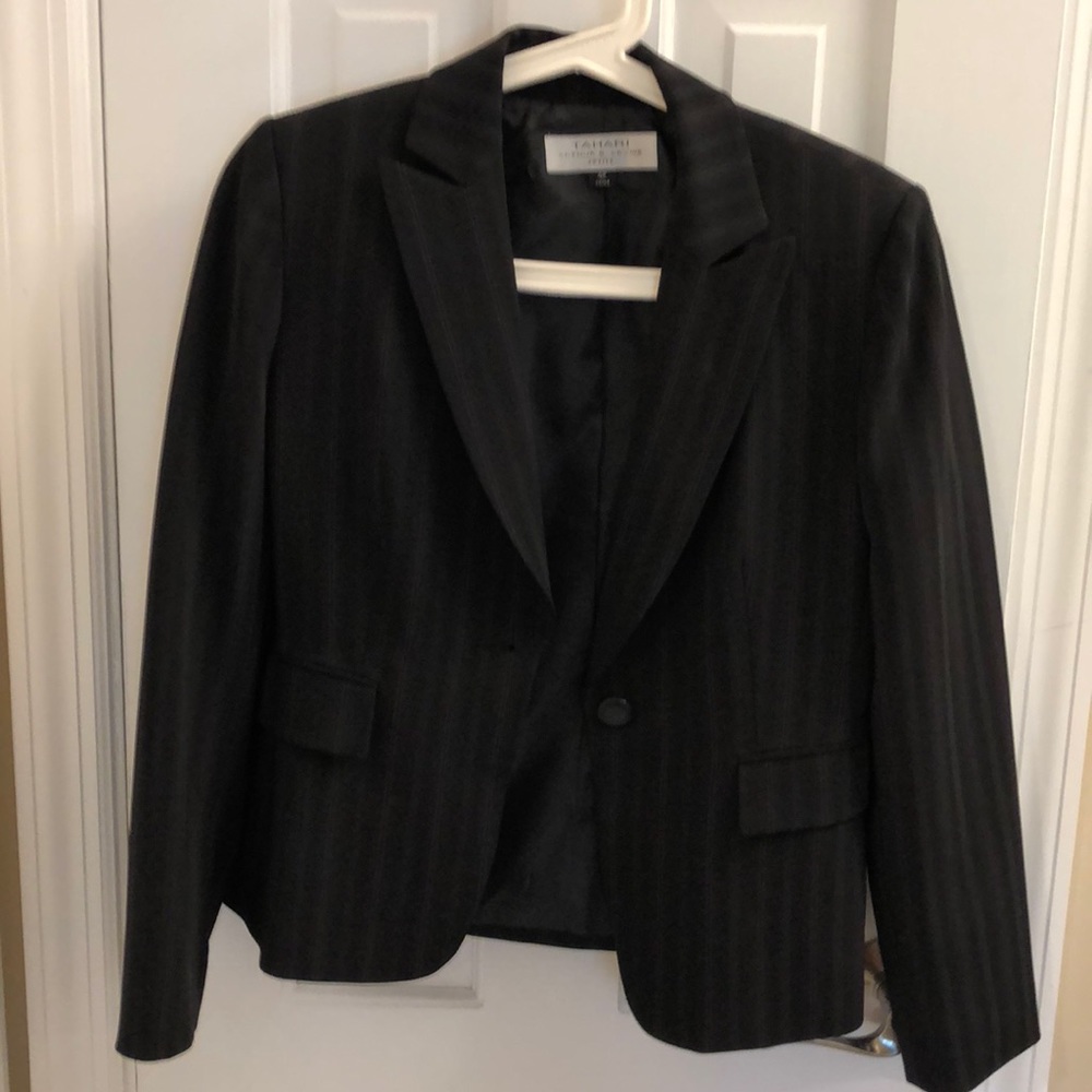 Short blazer with black, pink/lavender pin stripes